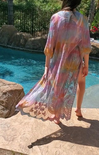 Maya Antonia Stunning Cotton Hand Tie-Dye Sunset Lace-Sheer Maxi Kimono/Duster - Bild 8 von 12