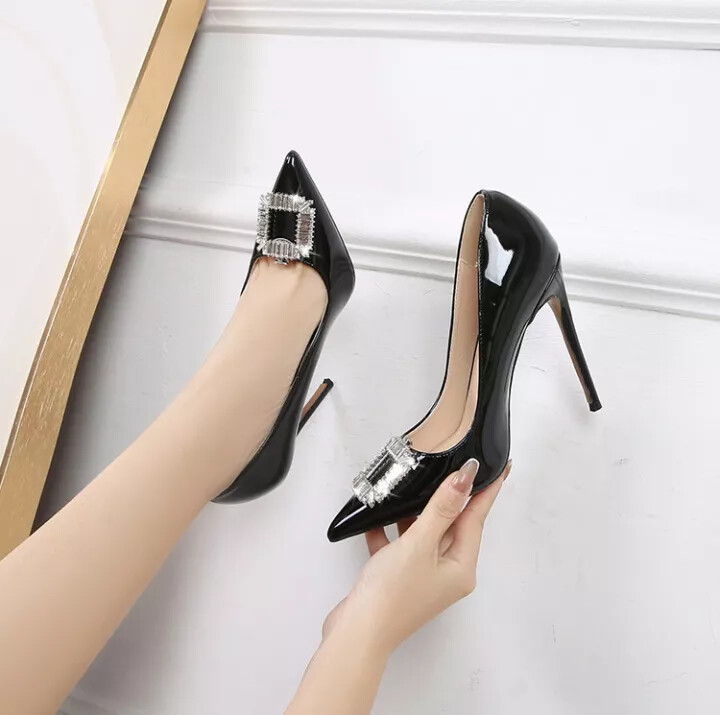 Zapatos de Salón Mujer Tacón Aguja Negro Charol 12CM Piel Sintético 8597