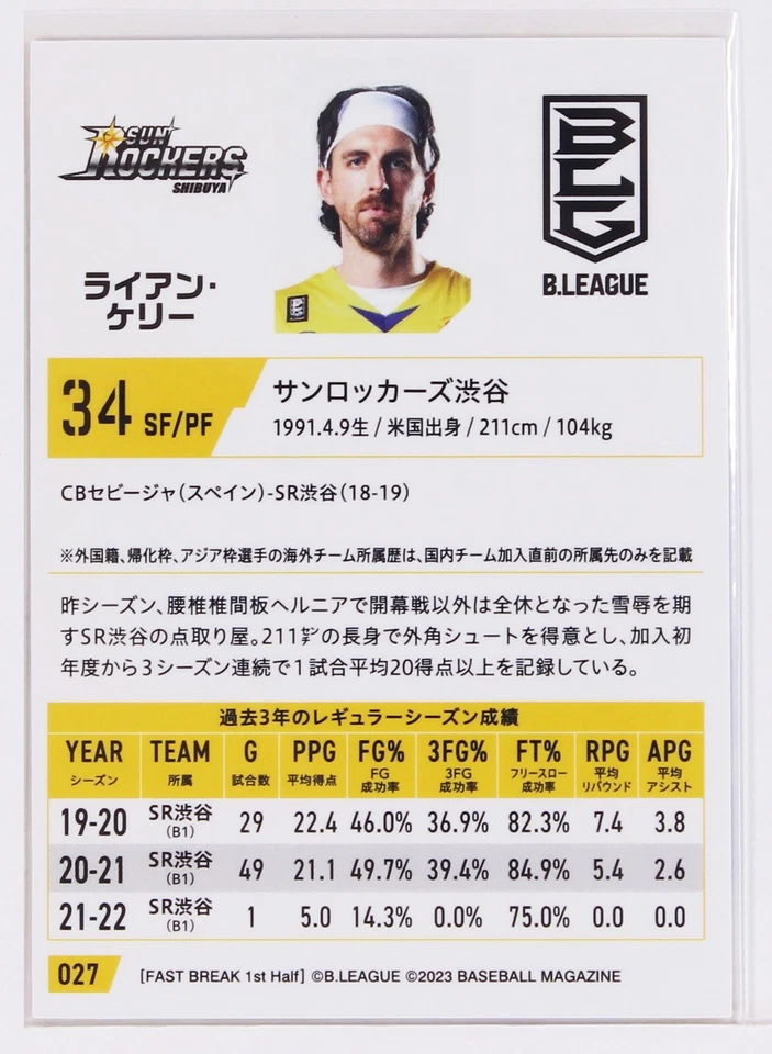 Ryan Kelly - 2023 B.LEAGUE Basketball Gold Foil Signature Card 1st Half - Image 3 of 3