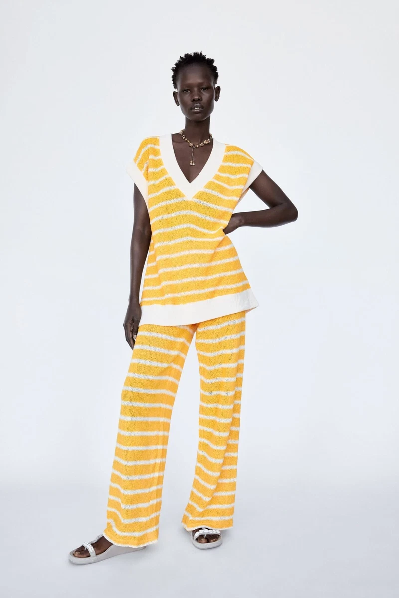 Zara Mustard Yellow Stripe Knit Rustic Vest Tunic Top & Pants