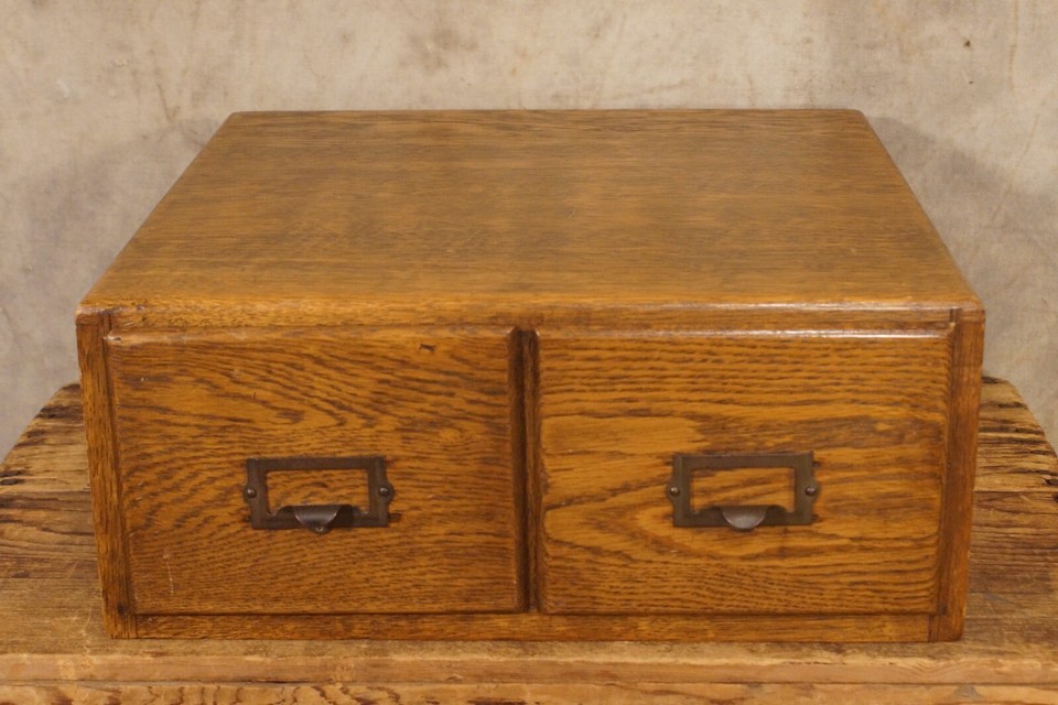 Antique Wooden Library Index Card Catelog 2 Drawer Solid 15 by 15 by 6.