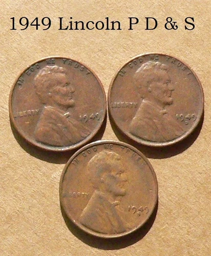 1949 P D & S Lincoln 1 cent coin. Average circulated condition of VG-Fine.