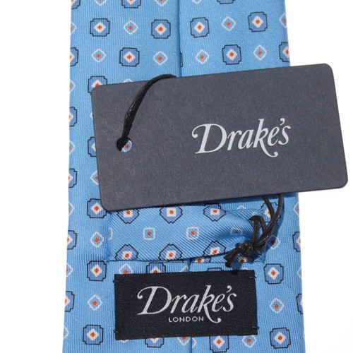 Drake's NWT Neck Tie in Light Blue with White/Orange Geometric Pattern 100% Silk - Picture 7 of 8