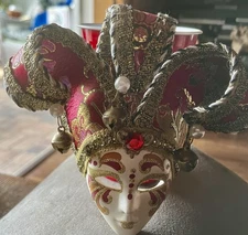Hand Painted 6 Inch Venetian Jester mask from Venice Italy Red & Gold