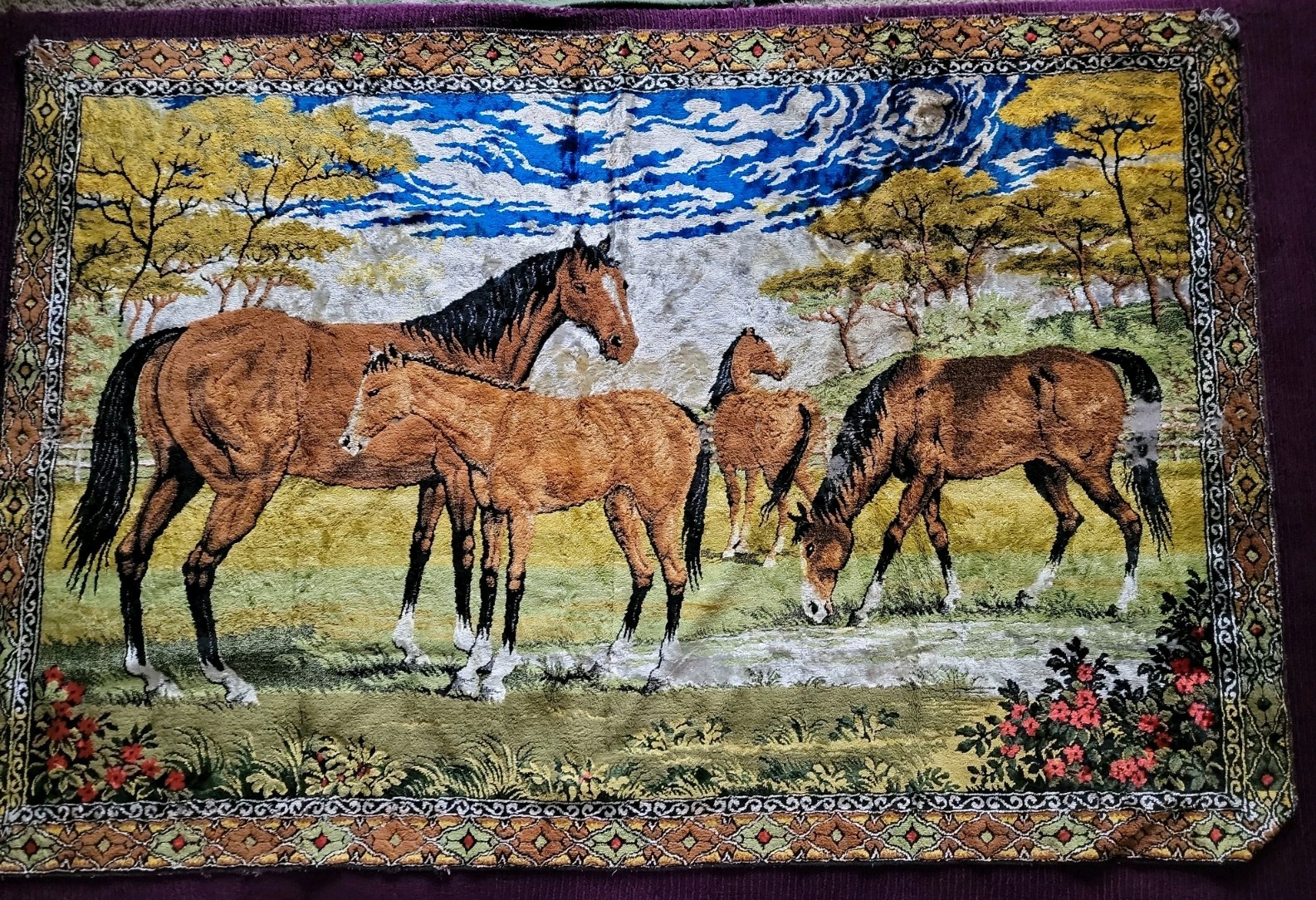 Vintage Italian Tapestry Horses Scenery Wall Hanging Rug 5'10"×3'11"
