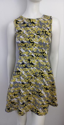 IBLUES by Max Mara Kleid 34 36 Streife Grau Weiß Schwarz Schriften Gelb Ärmellos