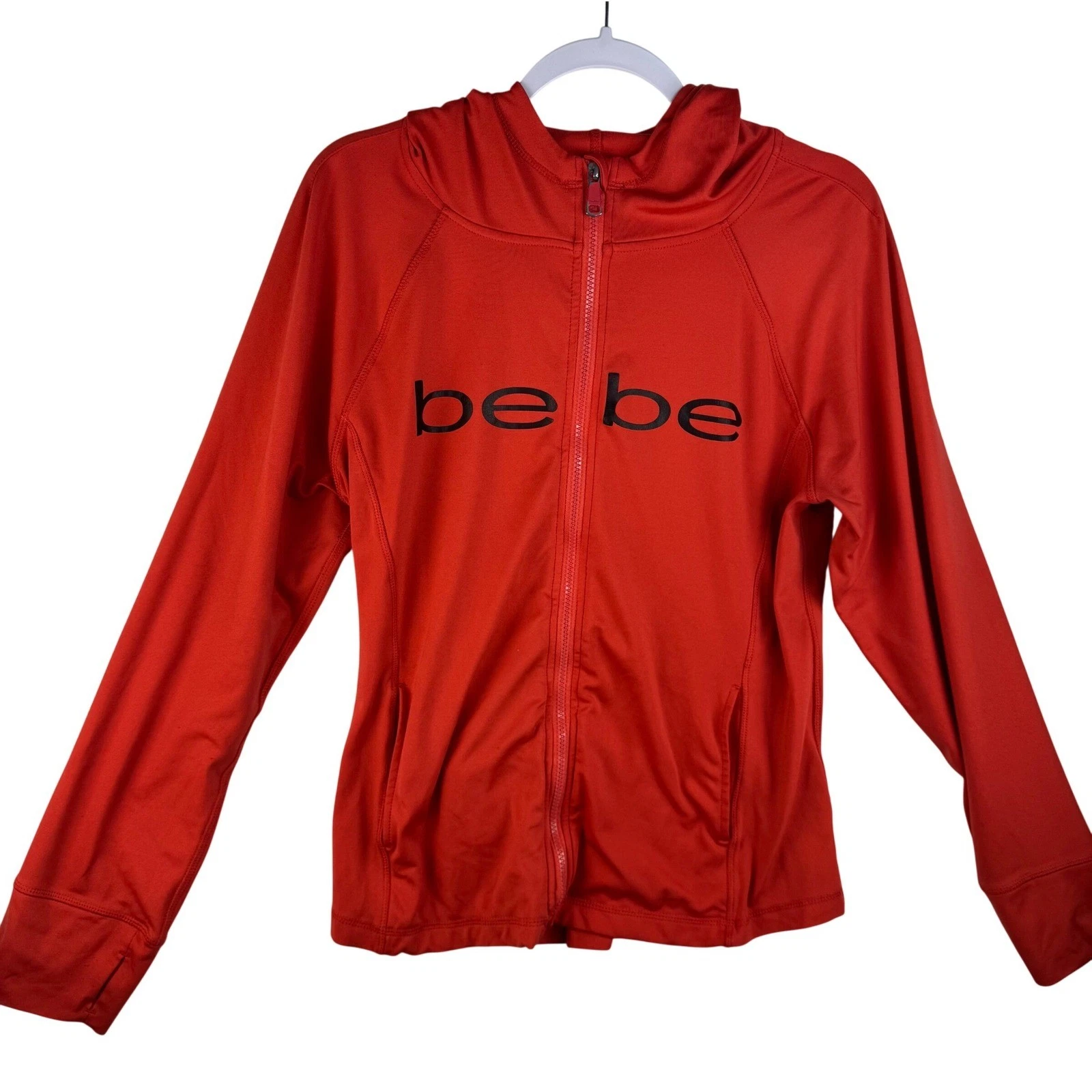 Bebe Sport Womens XL Red Full Zip Logo Hoodie Jacket Thumbholes Athleisure