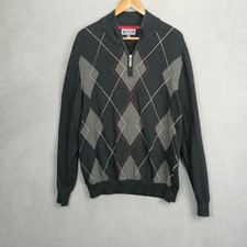 Club Room Sweater Mens XL Black Pima Cotton Argyle Knit Mock Neck Quarter Zip