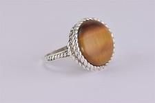 Sterling Silver Oval Tigers Eye Double Cable Trimmed Band Ring 10g 925 Sz: 9