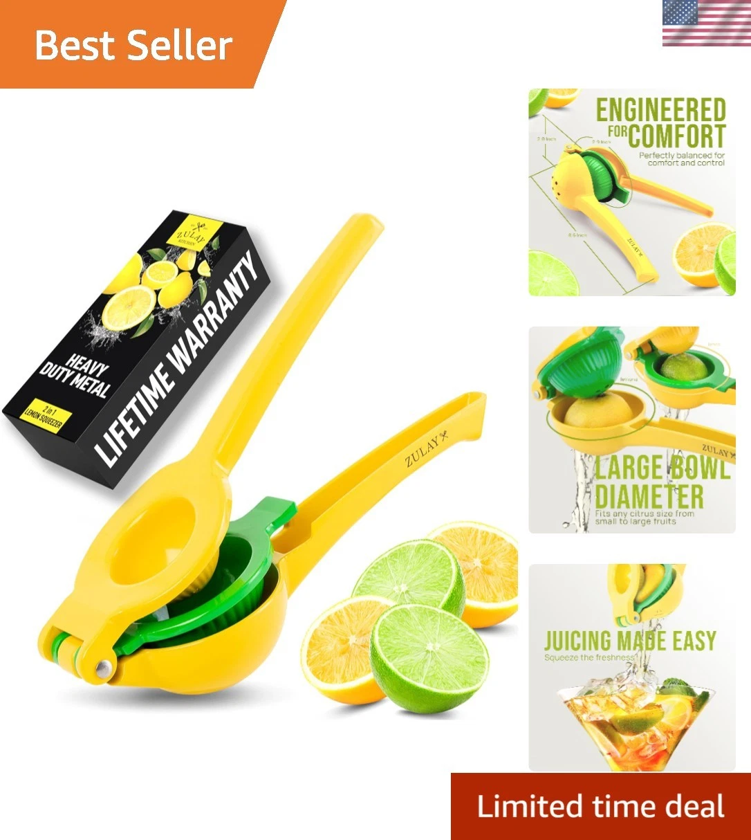 Metal 2-in-1 Lemon Squeezer - Yellow/Green - Easy-Use - Manual