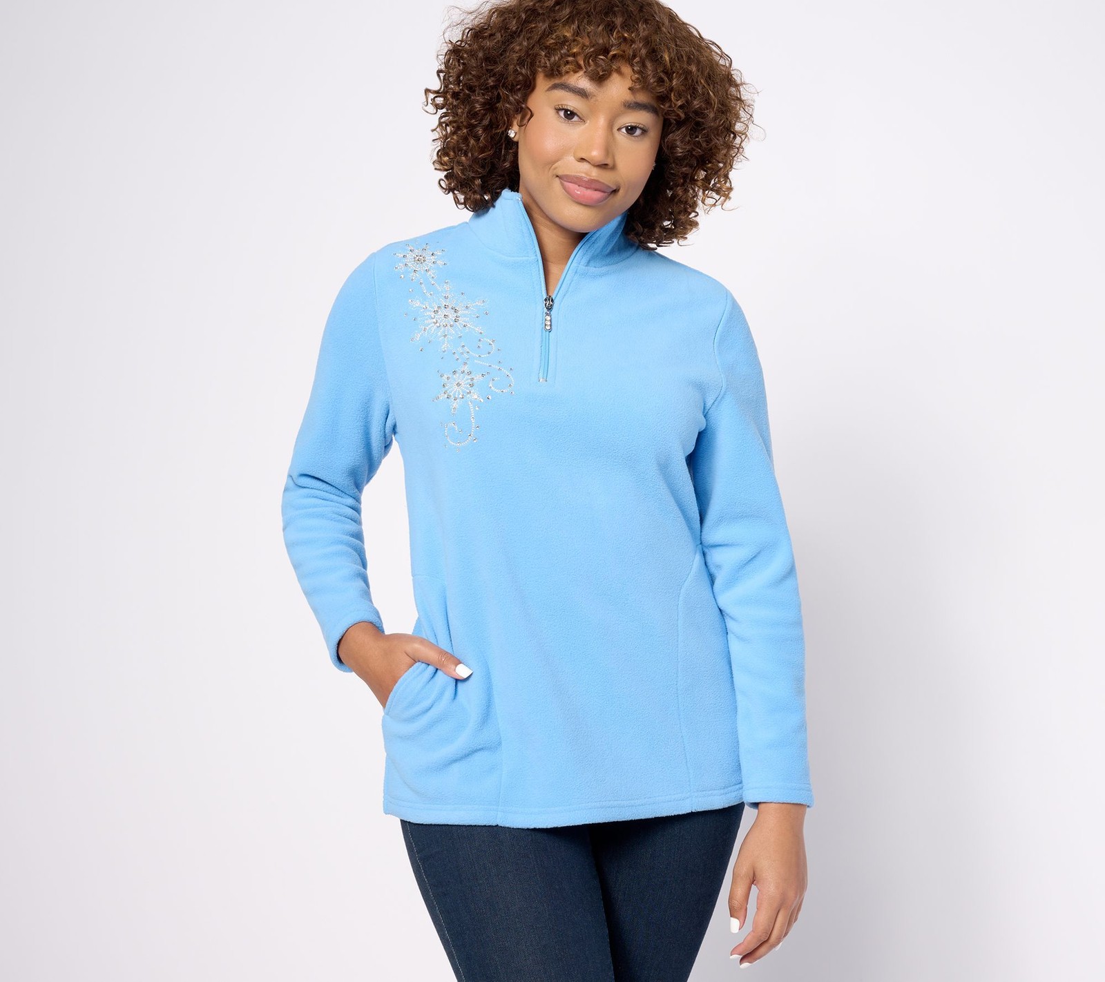 Quacker Factory Women's Top Sz S Let It Snow Half Zip Fleece Blue A625716