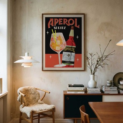 Aperol Spritz Poster   Black Minimalist Cocktail Wall Art, Chic Bar Cart Print
