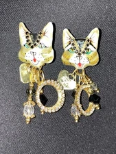 Lunch At The Ritz Dangle Drops Cat Heads Pierced Earrings Multicolor Signed