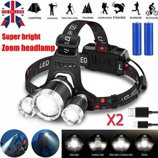 2 PACK Head Torch Rechargeable 3 LED Super Bright Waterproof Headlamp Work Light
