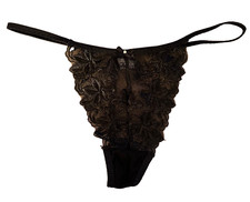 VINTAGE NWOT Y2K Black Floral Lace Front Gem G-String Thong Panties Medium 6