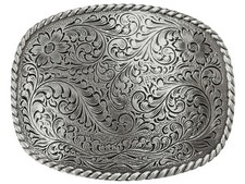 Western Antique Floral Engraved Rope Edge Design Belt Buckle 9x6.5cm Silver USA