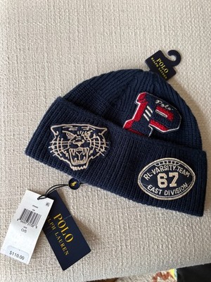 Polo Ralph Lauren Men s P-Wing Varsity Multi-Patch Knit Beanie Navy RL 67 NWT