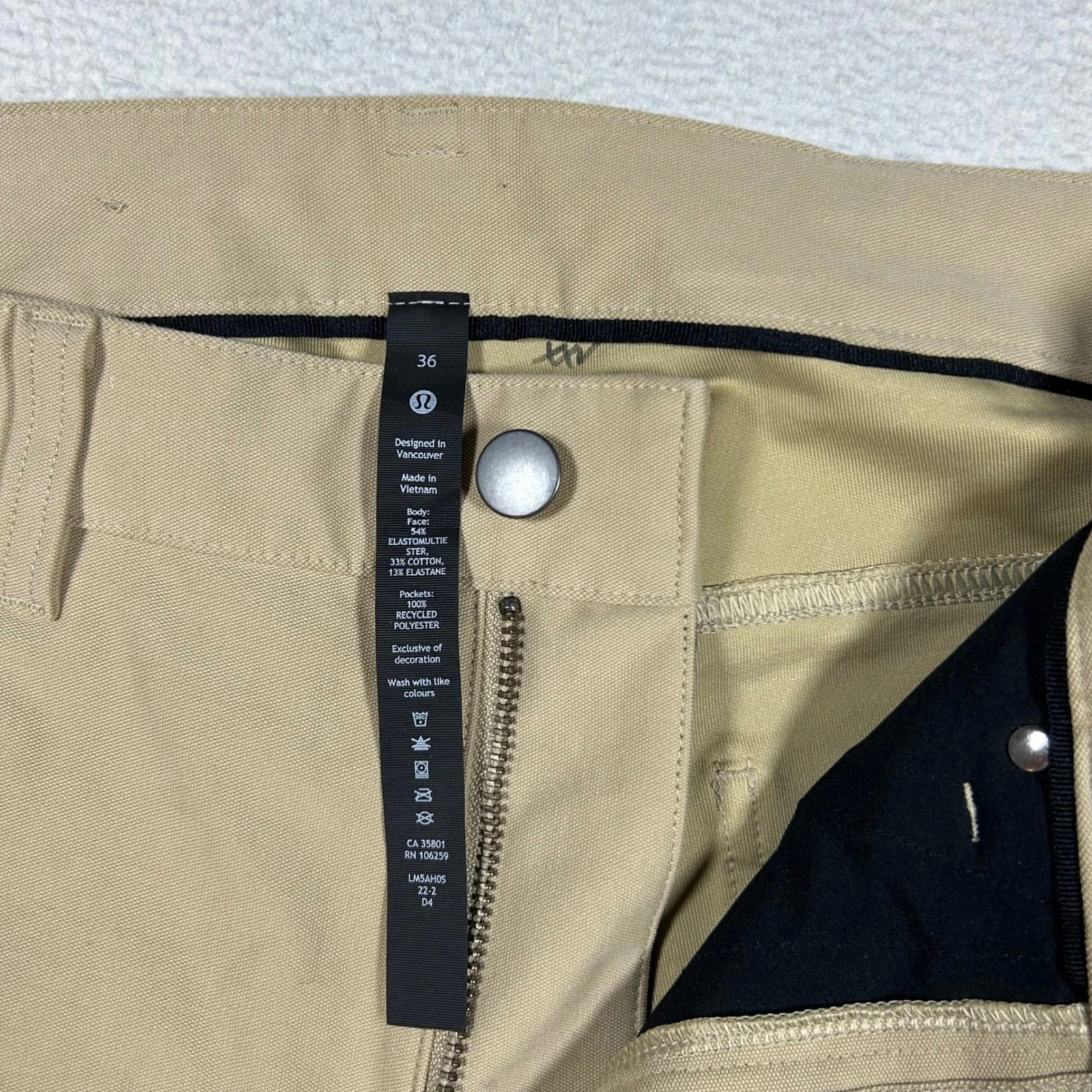 Lululemon Lab Mens Khaki Technical Canvas Pants 36 Tan LM5AH0S Commuter Trouser