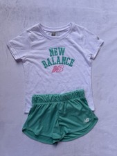 New Balance white and teal Girls athletic t-shirt and short set Size 10/12