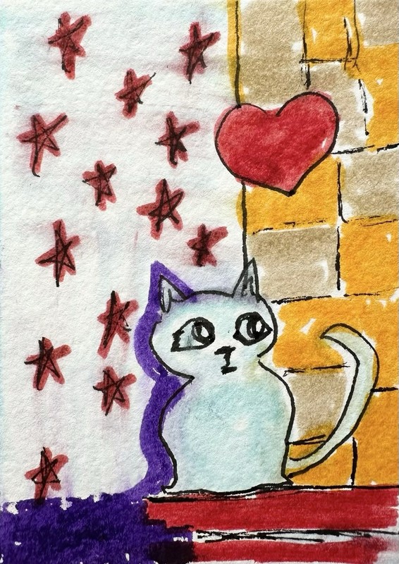Original ACEO Painting Cat Miniature Art Card By Carole Collins M6