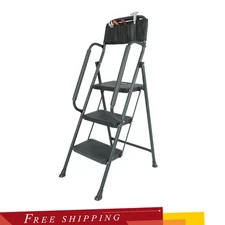 3 Step stool Ladder with Handrails 500 lbs folding Attachable Tool Black