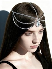 Rhinestones Head Chain for Women Silver Dainty Drop Headpiece Bohemian Layered