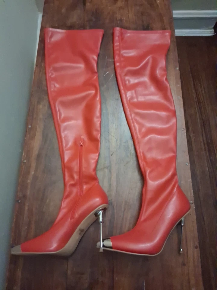 Botas rojas de tacón alto hasta la rodilla de cuero sintético talla 7,5 para mujer punta cremallera lateral Foto 2 de 4