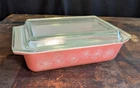 Vintage Pyrex Pink Daisy "Space Saver" oblong rectangle casserole dish glass lid