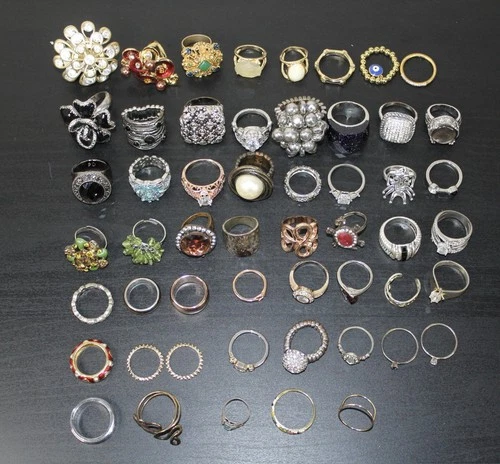 Lot of 53 Mixed Rings Vintage Modern Costume Jewelry Rhinestone Fashion