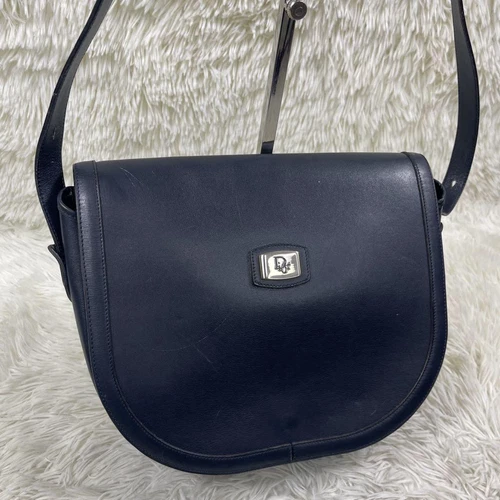 Sac bandoulière Christian Dior logo raccords tout cuir bleu marine