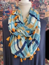 Shiraleah Blue Orange White Plaid Tassel Infinity Scarf