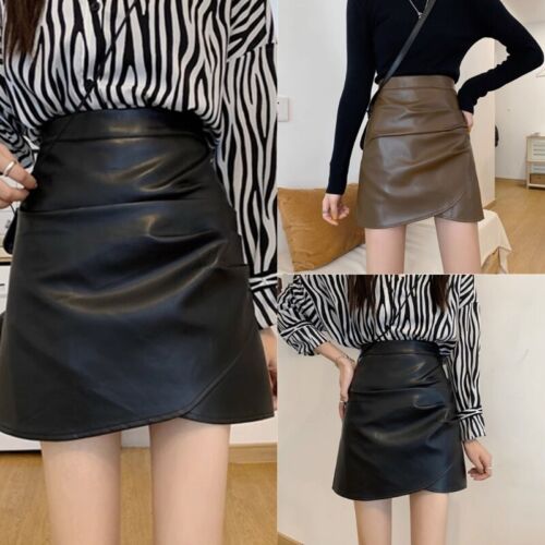 Womens Office Lady Waist PU Faux Leather Ruched Wrap A-Line Skirt - Afbeelding 1 van 16