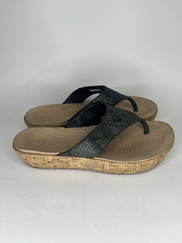 Crocs Sandals Flip Flops Women Size 9 Black Leather Upper - Image 4 of 4