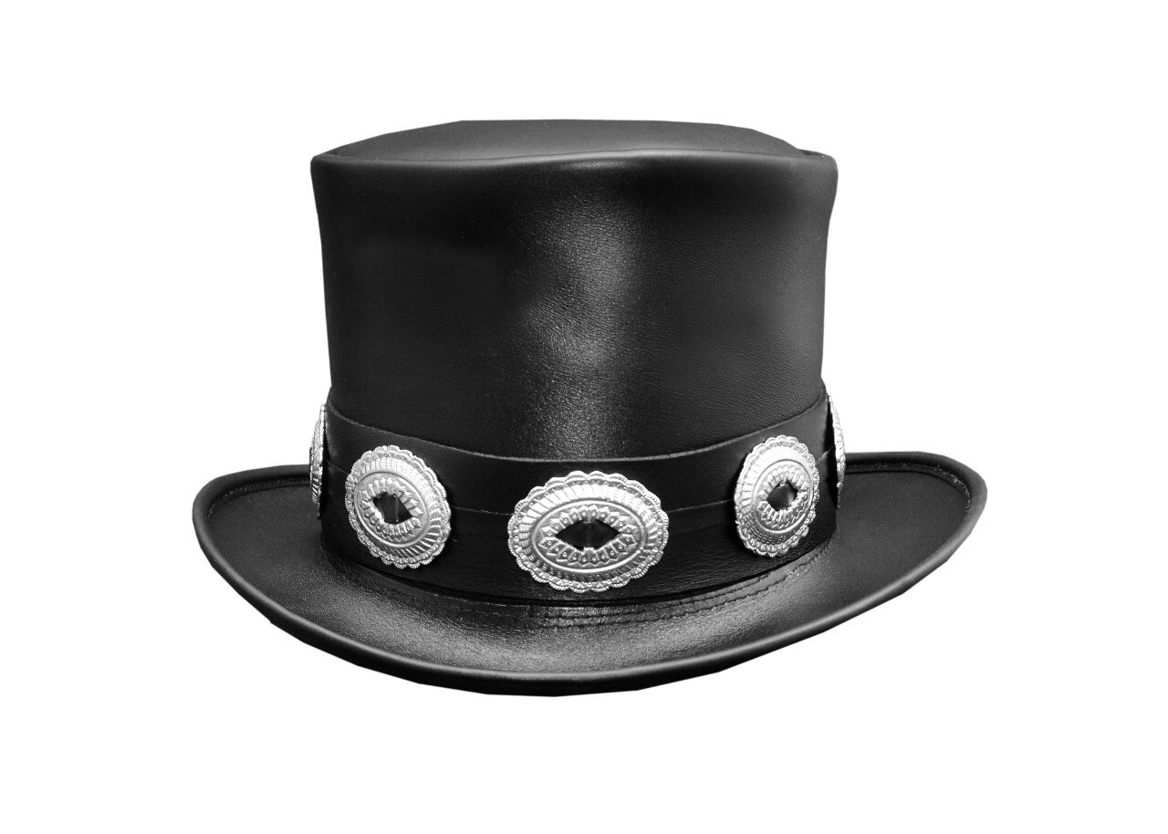 Black Leather Steampunk Rocker Top Hat for Men and Women