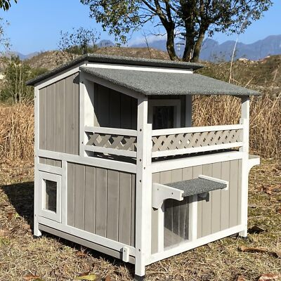 #ad #ad Two Story Cat House Outdoor Wooden Feral Cat Shelter with Balcony amp; Escape Door $129.99