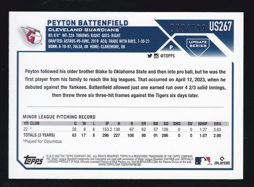 Serie de actualización Topps 2023 #US267 PEYTON BATTENFIELD RC 090/799 FOILBOARD PÚRPURA - Imagen 2 de 3