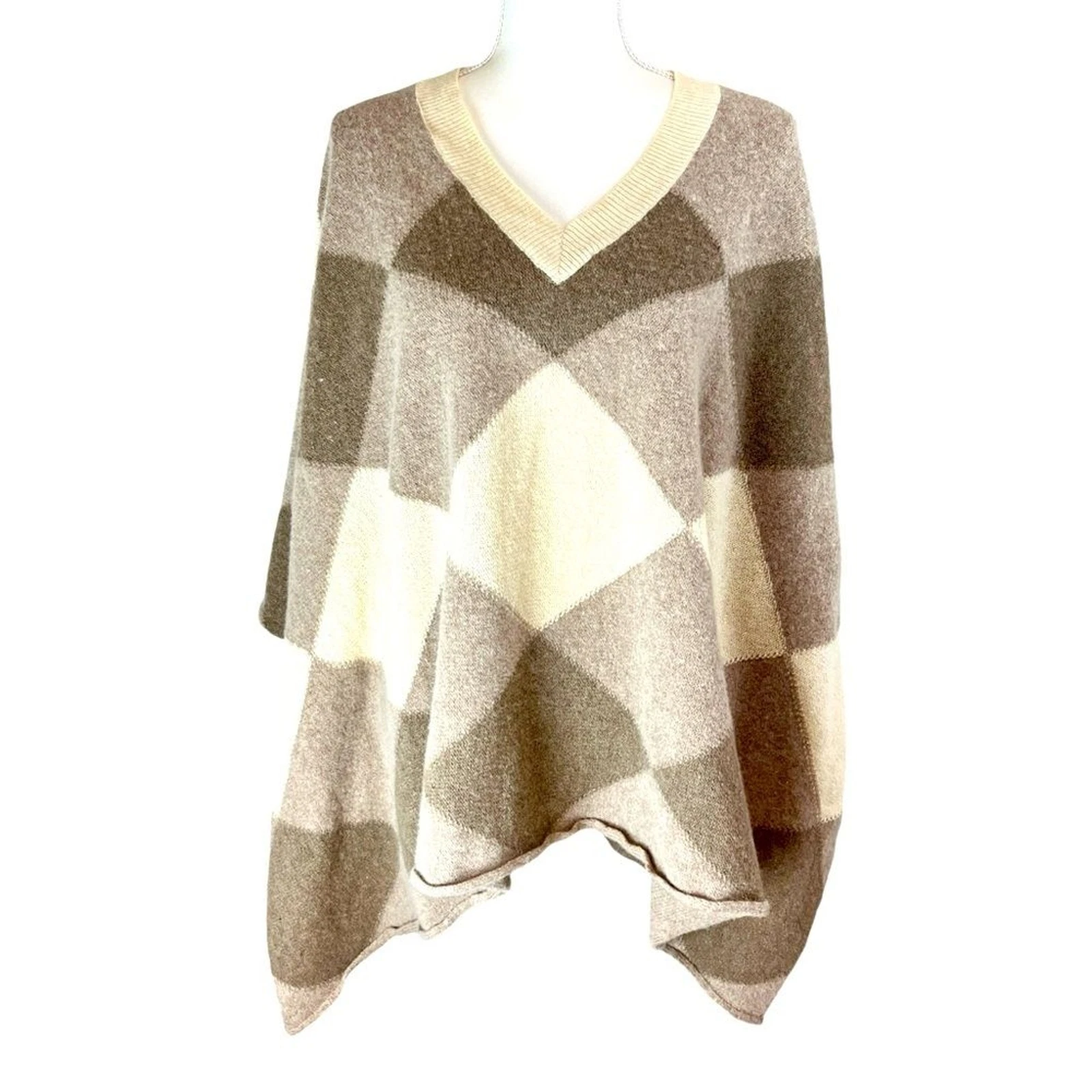 BOSTON PROPER Tan Cream Patchwork Poncho One Sz Lambswool Fall Pullover Neutral