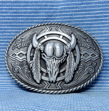 Bison Skull Feathers Shield Belt Buckle Native Style Design Vtg 90s   .TYC179