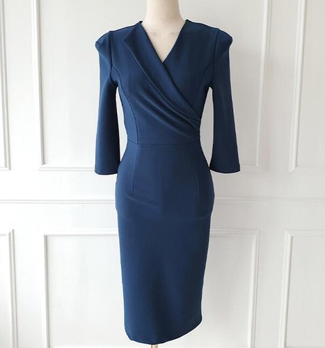 Women's Fashion V Neck 3/4 Sleeves Hip Package Knee Length OL Pencil Dress - Picture 14 of 14