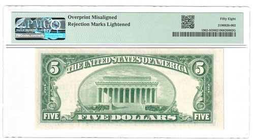1950A $5 St. Louis Federal Reserve Note Misalignment Error PMG AU58 Y00010716 - Picture 2 of 2