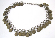 VTG Siler Tone Metal Chain Belt Gold Tone-Dangling Asian medallions Wm S/M