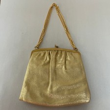 Vintage Metallic Gold Evening Bag Clasp Purse w/Chain Lined