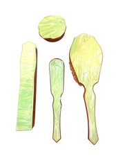 Vintage Celluloid Vanity Brush Set Green Marbled Tops 4 Piece Art Deco Style