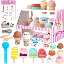 40PCS Wooden Ice Cream Shop Cart Counter Pretend Role Play Kitchen Food Kids Toy