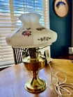 Vintage Aladdin Brass Kerosene Converted Electric Lamp Floral Milk Glass Shade