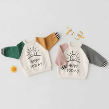 Kids Happy Today Sweatshirt Color Block Sleeve Cotton Knit Pullover Boys Girls