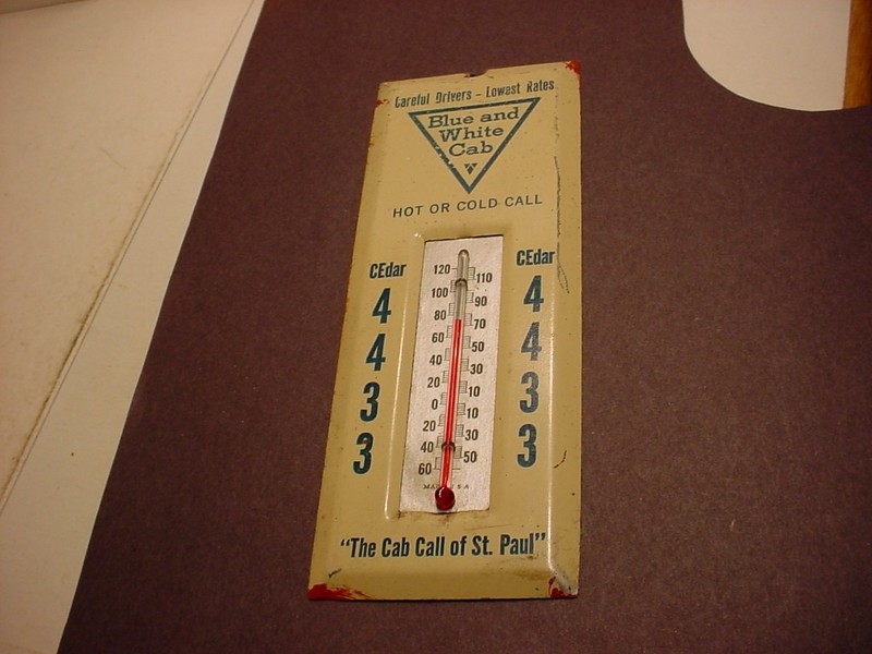 Vintage tin Blue and White Taxi Cab Metal advertising Thermometer St Paul MN
