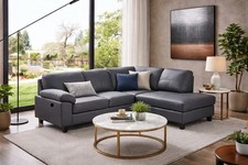 Dark Grey High Grade Genuine Leather Corner Sofa RH + USB CHARGER - BOSTON.