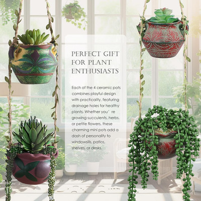 4 PC Boho Ceramic Hanging Planters Drainage Holes Adorable Indoor Outdoor Flower