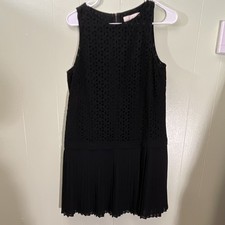 LOFT 4 Black Shift Dress Sleeveless Lace Overlay Pleated Hem Zip Bow Short